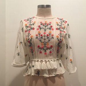 NWT Zara Open Back, Embroidered Peasant Top, XS